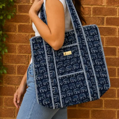 Indigo Elephant Zipper Tote